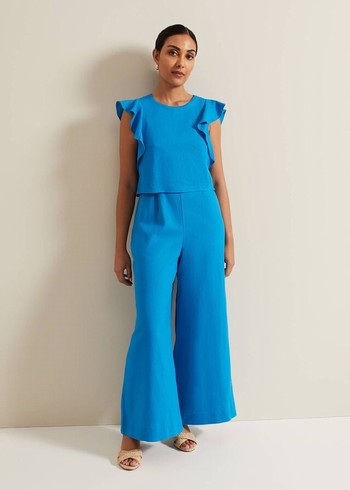 Phase Eight Petite Aubrey Blue Linen Frill Jumpsuit Blue Australia | WZ8049612